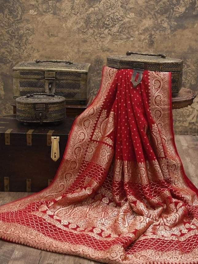 Pure Banarasi Silk Saree in Red with Gold Zari Border