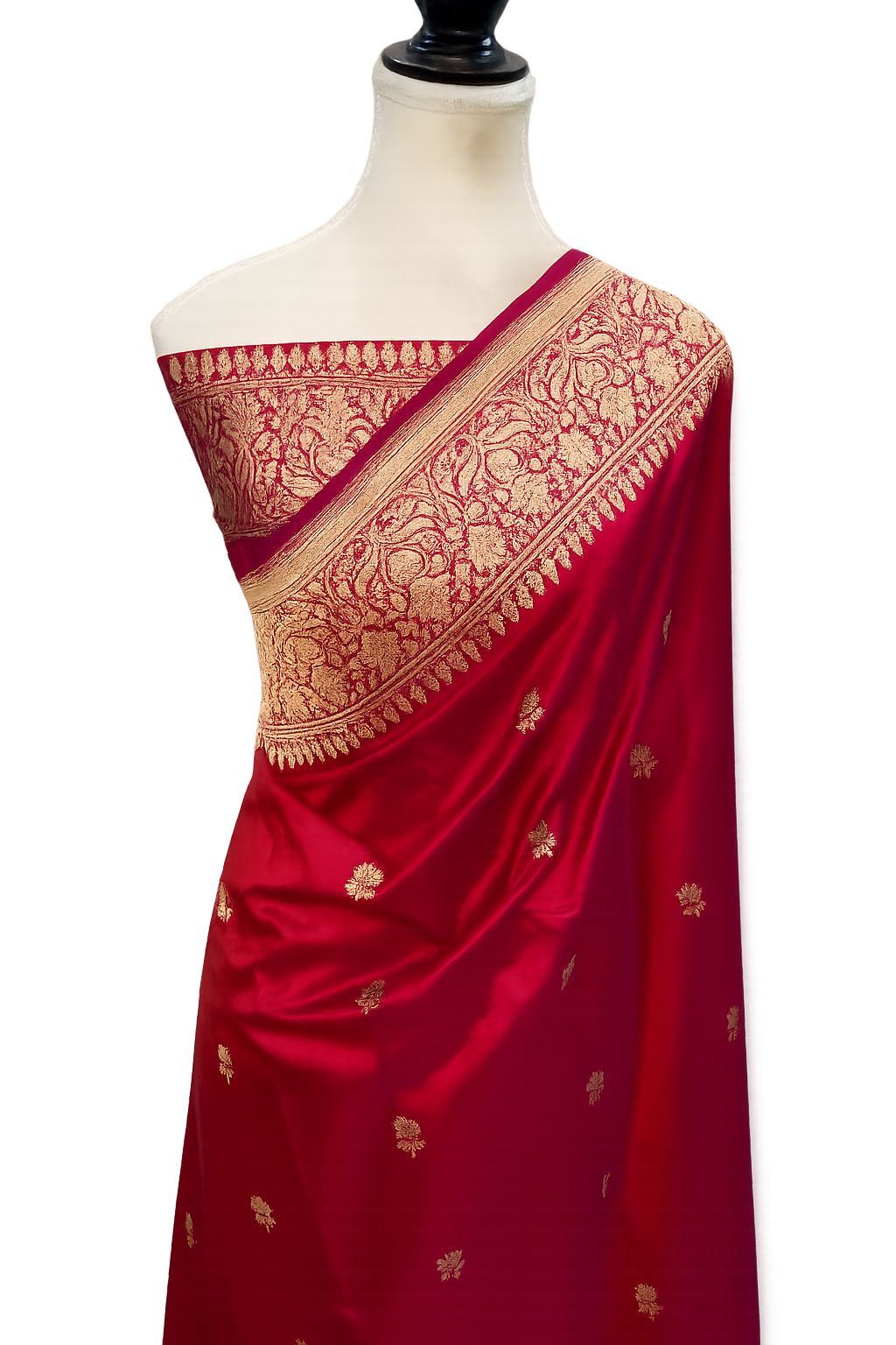 Pure Banarasi Silk Saree in Red with Gold Zari Border
