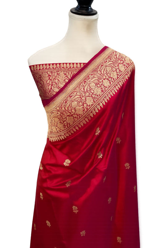 Pure Banarasi Silk Saree in Red with Gold Zari Border