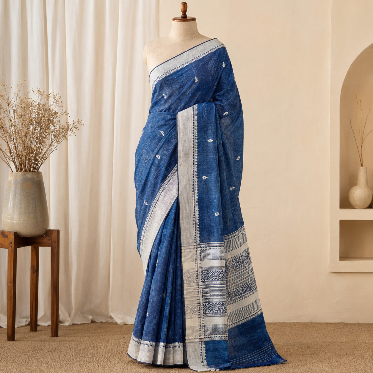 Linen Cotton Saree - Indigo White